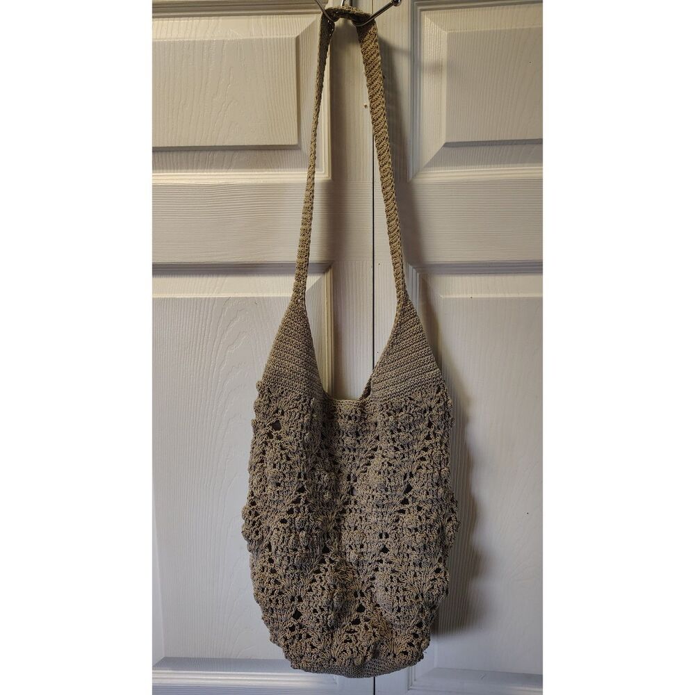 Vintage Y2K Boho Crochet Knit Shoulder Bag Tan Taupe Open Weave Slouchy Tote